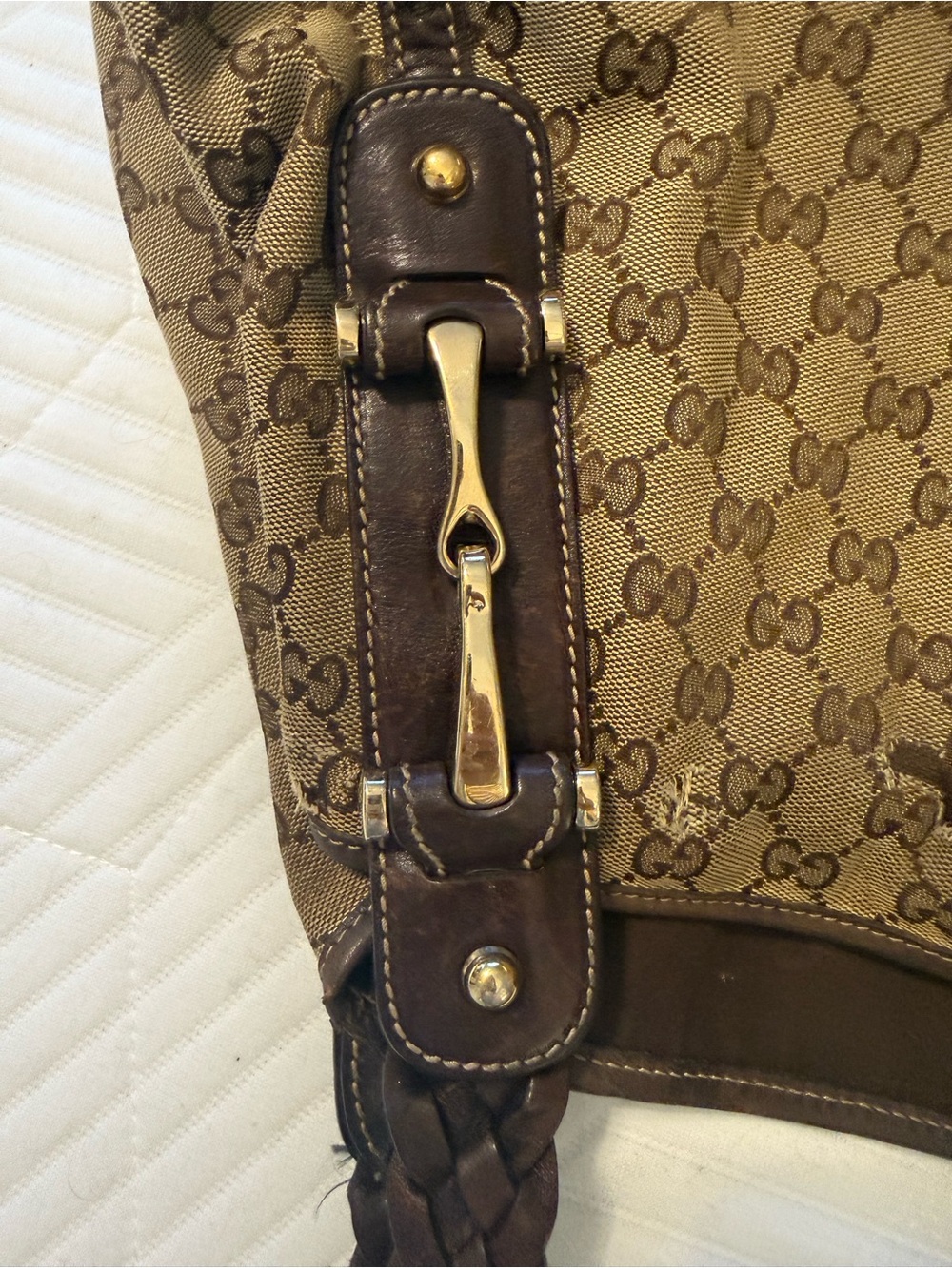 Gucci Beige GG Canvas Braided-Handle Shoulder Bag with Dark Brown Trim - Picture 10 of 14